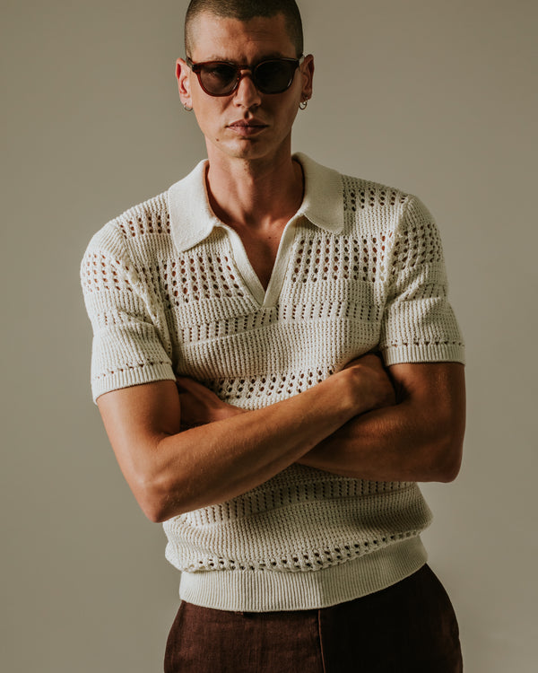 wax london Siena - Ecru Pointelle Knitted Polo