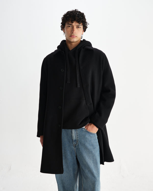 wax london men's Stan - Black Plain Wool Twill Car Coat
