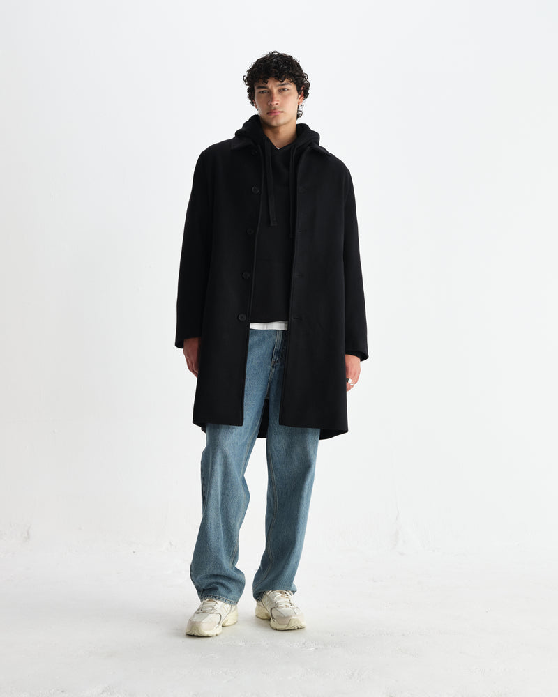 wax london men's Stan - Black Plain Wool Twill Car Coat