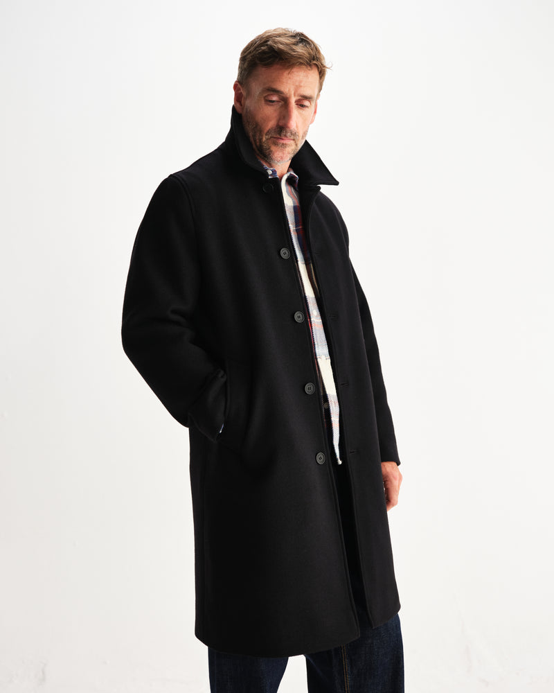 wax london men's Stan - Black Plain Wool Twill Car Coat