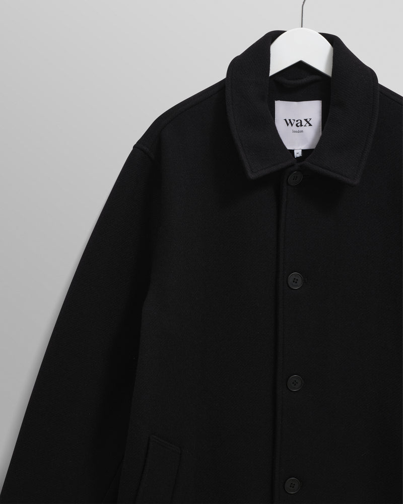 wax london men's Stan - Black Plain Wool Twill Car Coat
