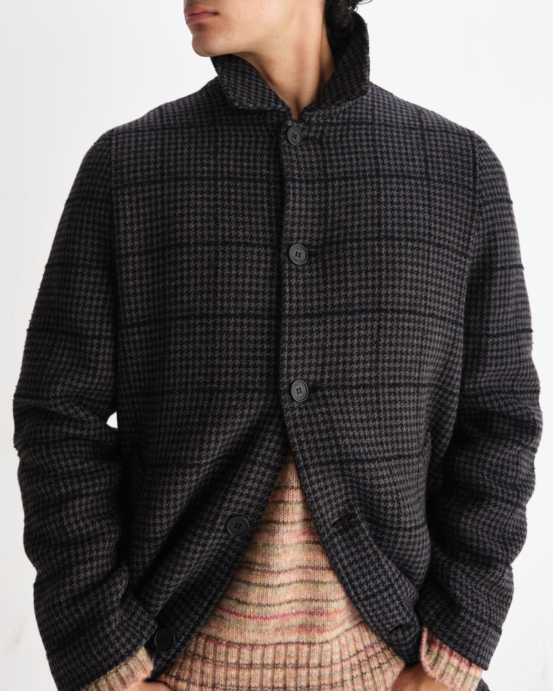 wax london men's Stan - Navy And Grey Puppytooth Check Wool Car Coat