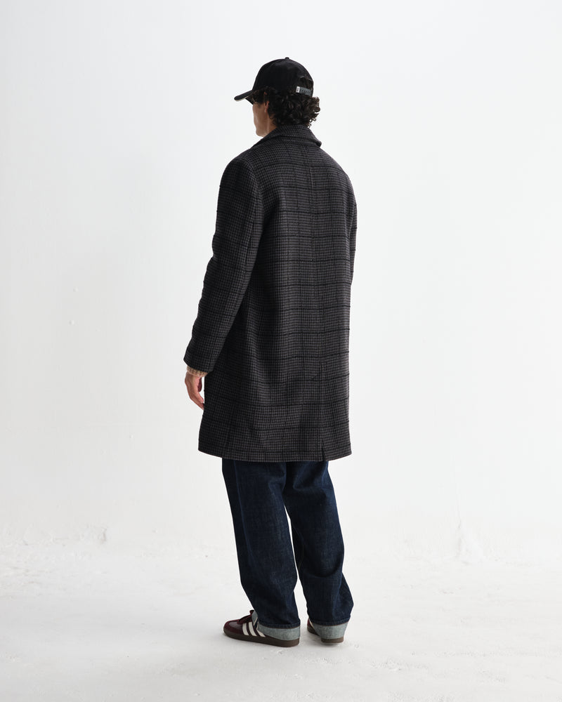 wax london men's Stan - Navy And Grey Puppytooth Check Wool Car Coat