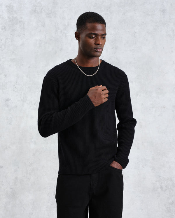 wax london Stanley - Black Rib-Knit Wool Crew Neck