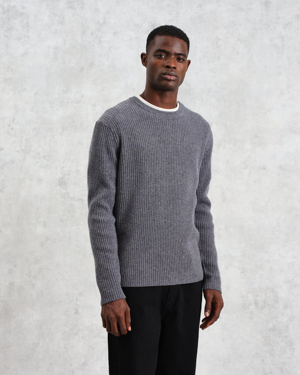 wax london Stanley - Grey Rib-Knit Wool Crew Neck