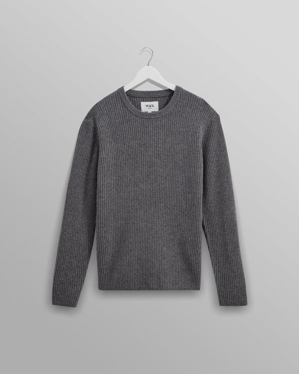 wax london Stanley - Grey Rib-Knit Wool Crew Neck