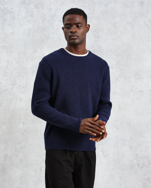 wax london Stanley - Navy Rib-Knit Wool Crew Neck