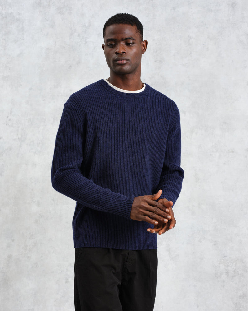 Men's Navy Rib-Knit Wool Jumper Wax London