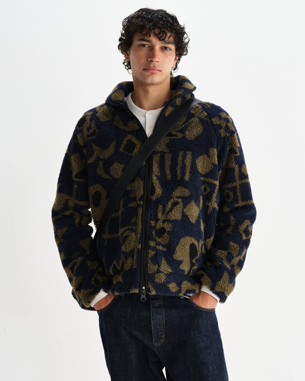 wax london men's Tate - Navy And Khaki Shapes Jacquard Fleece Jacket