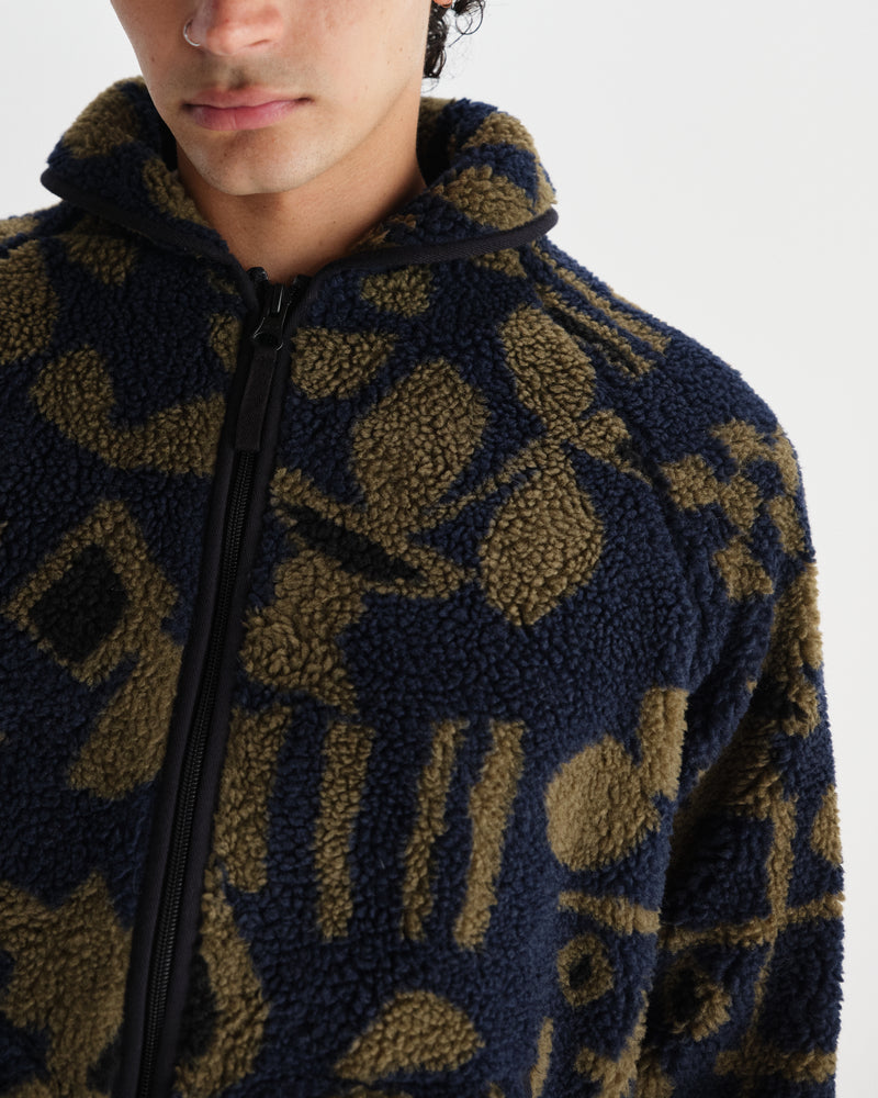 wax london men's Tate - Navy And Khaki Shapes Jacquard Fleece Jacket