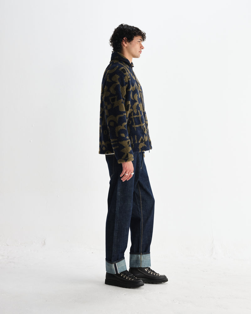 wax london men's Tate - Navy And Khaki Shapes Jacquard Fleece Jacket