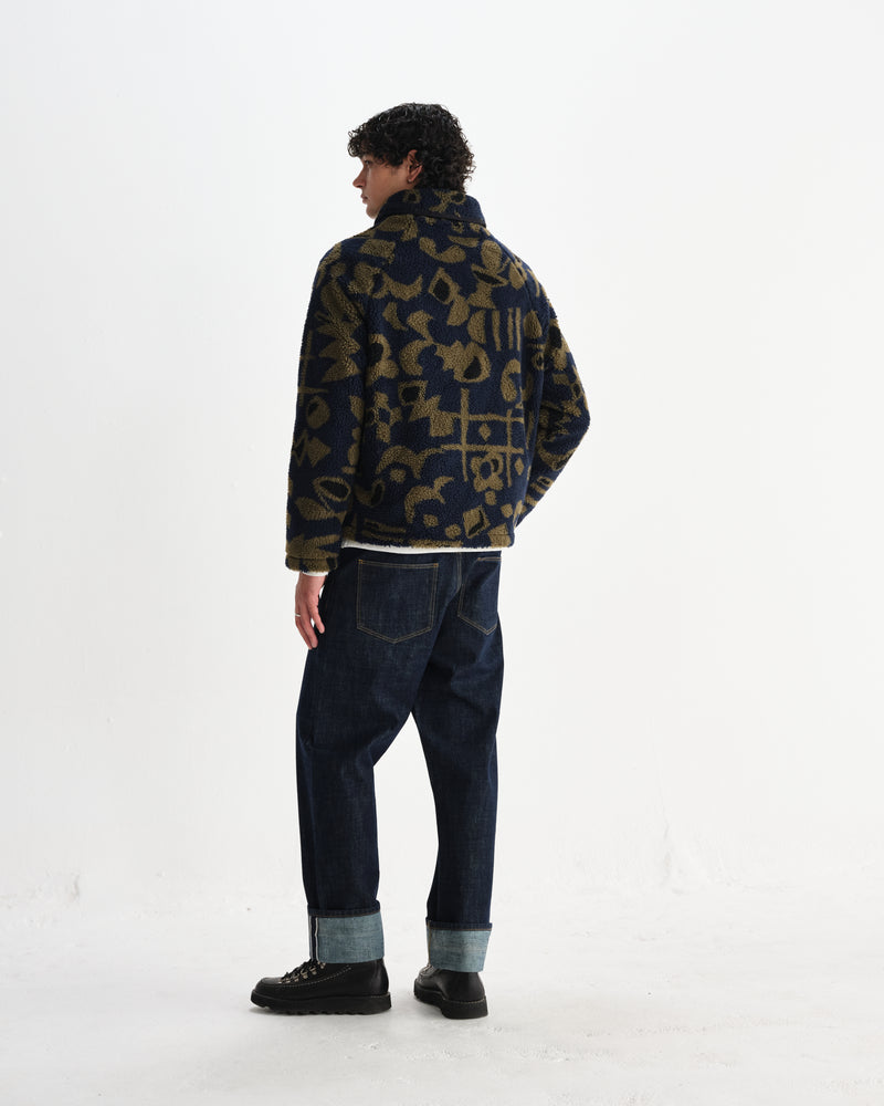 wax london men's Tate - Navy And Khaki Shapes Jacquard Fleece Jacket