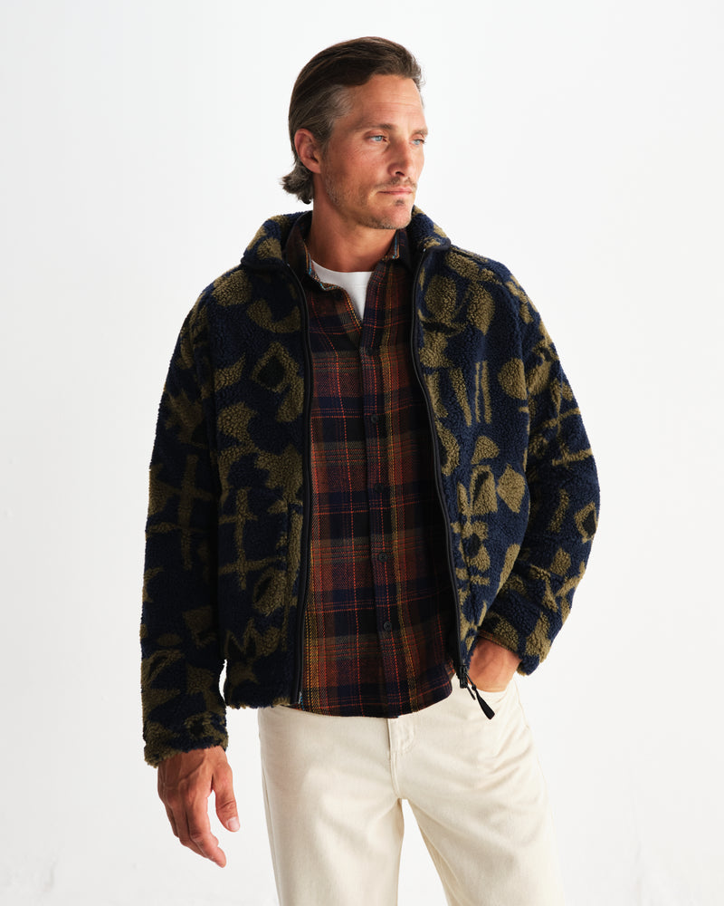 wax london men's Tate - Navy And Khaki Shapes Jacquard Fleece Jacket