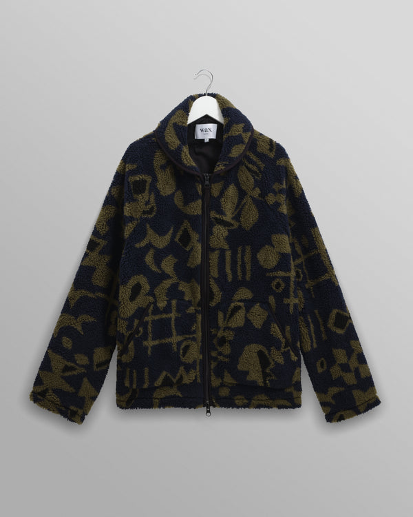 wax london men's Tate - Navy And Khaki Shapes Jacquard Fleece Jacket