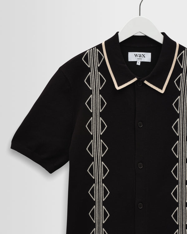 wax london men's Tellaro - Black And Ecru Retro Embroidered Shirt