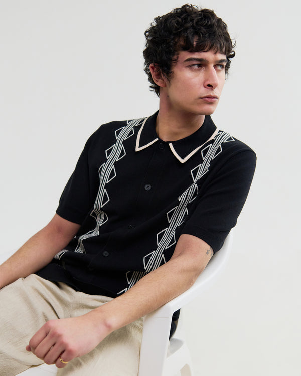 wax london men's Tellaro - Black And Ecru Retro Embroidered Shirt