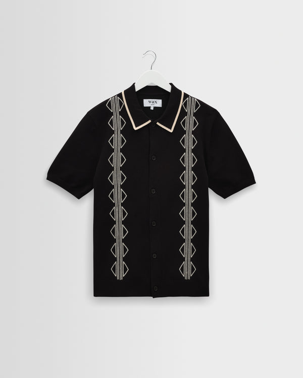 wax london men's Tellaro - Black And Ecru Retro Embroidered Shirt