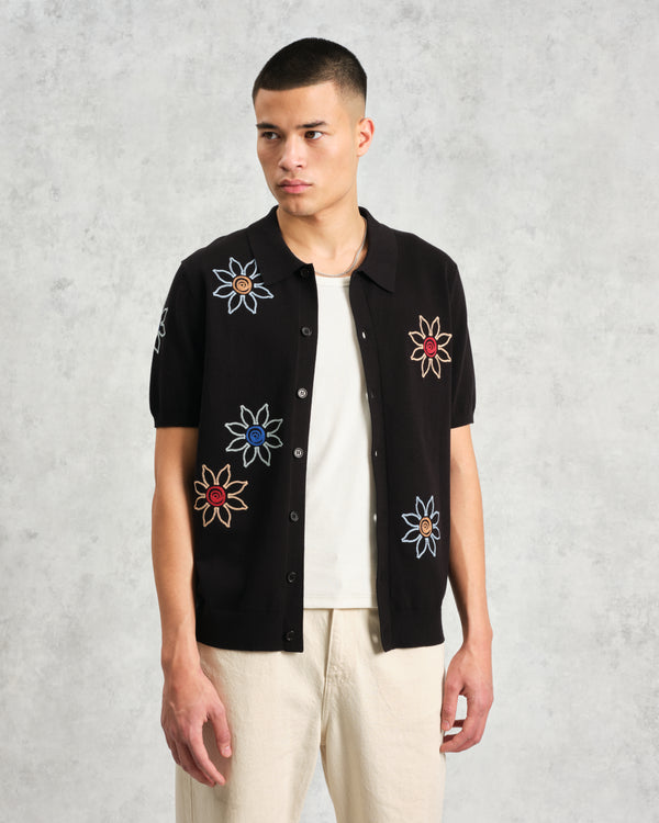 wax london Tellaro - Black Embroidered Knitted Cotton Polo