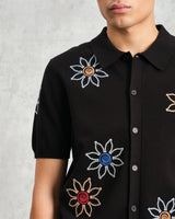 wax london Tellaro - Black Embroidered Knitted Cotton Polo