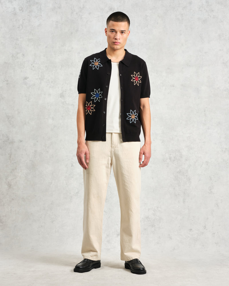 wax london Tellaro - Black Embroidered Knitted Cotton Polo