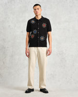 wax london Tellaro - Black Embroidered Knitted Cotton Polo