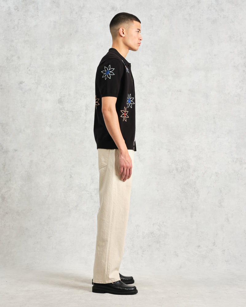 wax london Tellaro - Black Embroidered Knitted Cotton Polo