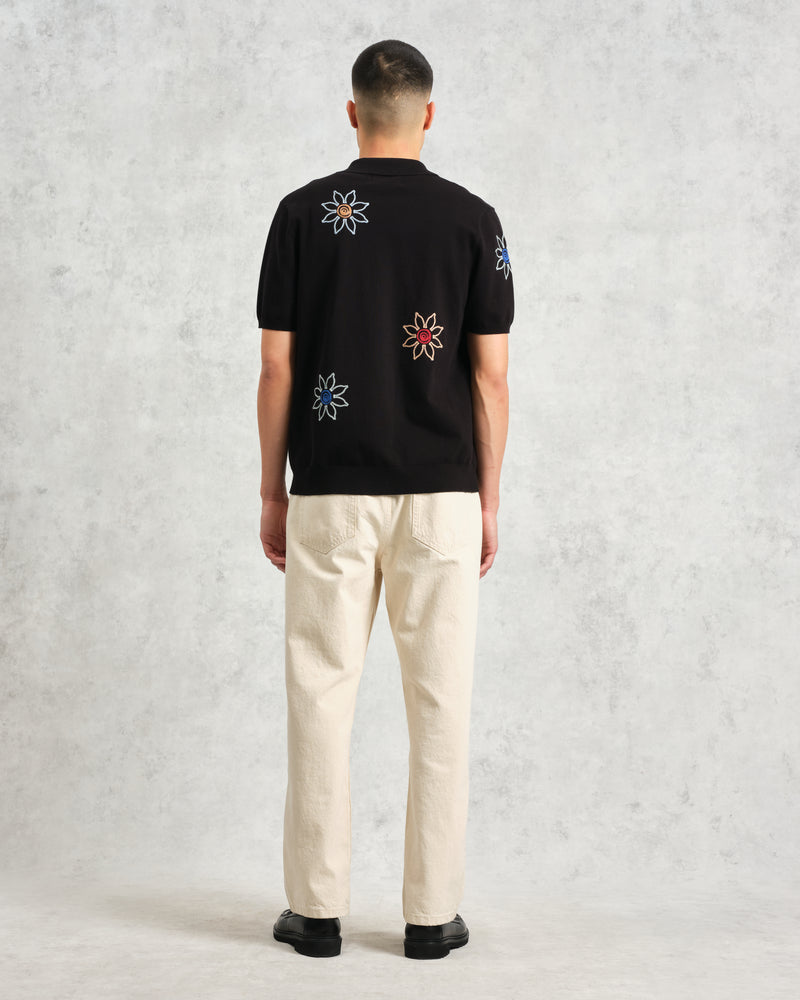 wax london Tellaro - Black Embroidered Knitted Cotton Polo