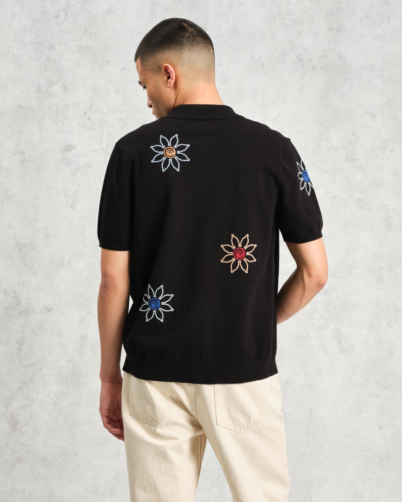 wax london Tellaro - Black Embroidered Knitted Cotton Polo