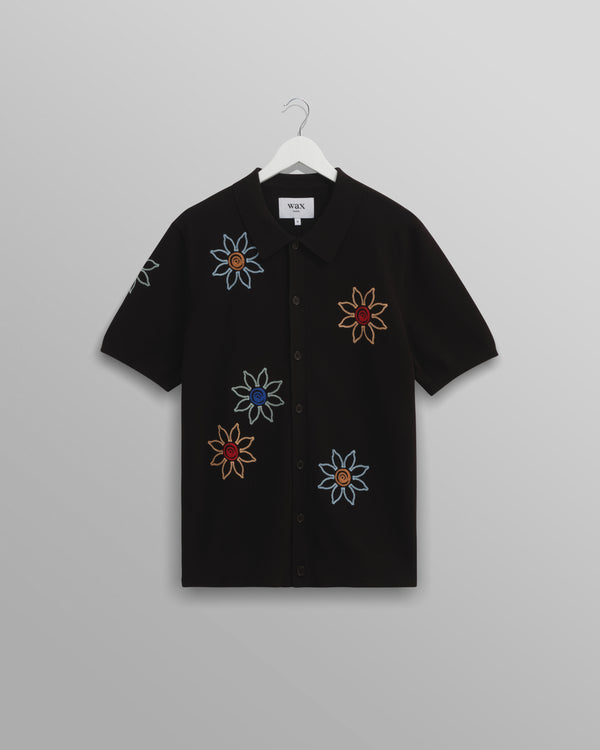 wax london Tellaro - Black Embroidered Knitted Cotton Polo