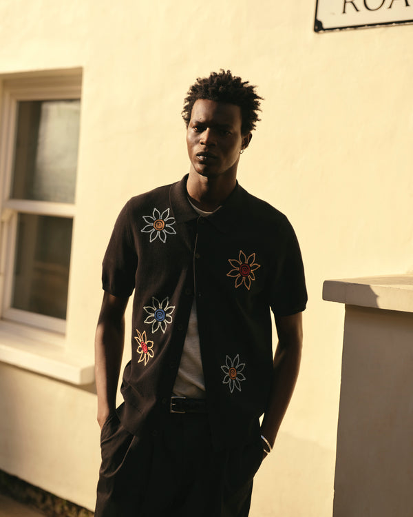 wax london men's Tellaro - Black Embroidered Knitted Cotton Polo