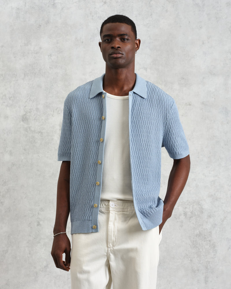 wax london men's Tellaro - Blue Honeycomb Knitted Cotton Polo Shirt