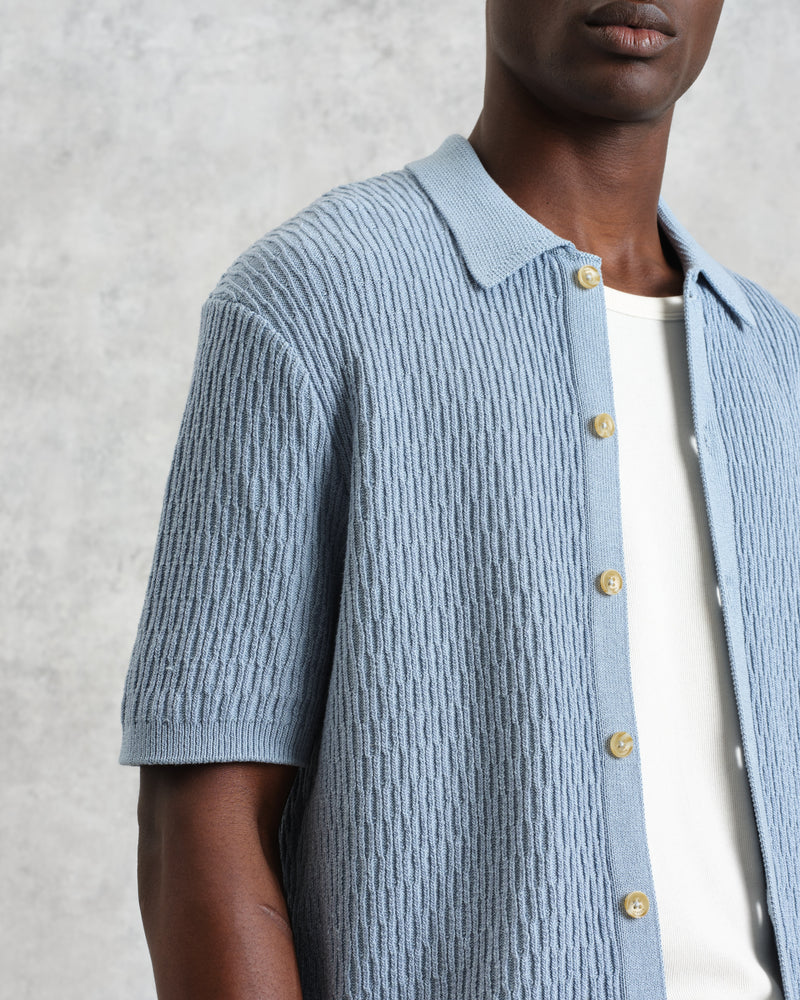 wax london men's Tellaro - Blue Honeycomb Knitted Cotton Polo Shirt