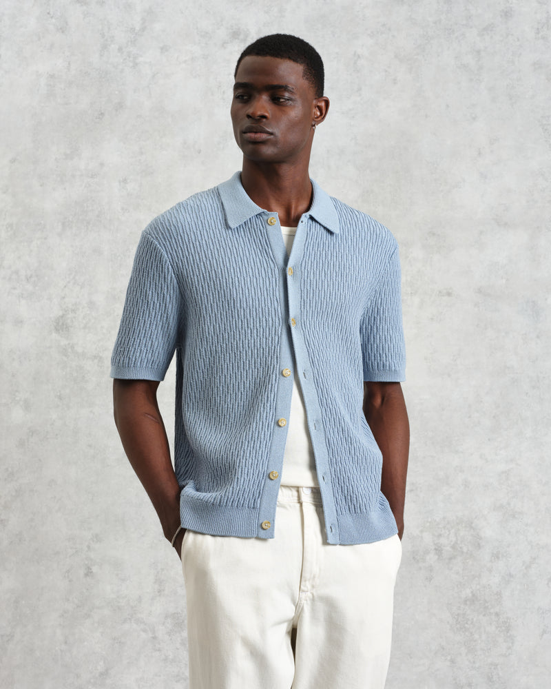 wax london men's Tellaro - Blue Honeycomb Knitted Cotton Polo Shirt