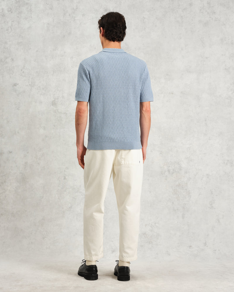 wax london Tellaro - Blue Honeycomb Knitted Cotton Polo Shirt