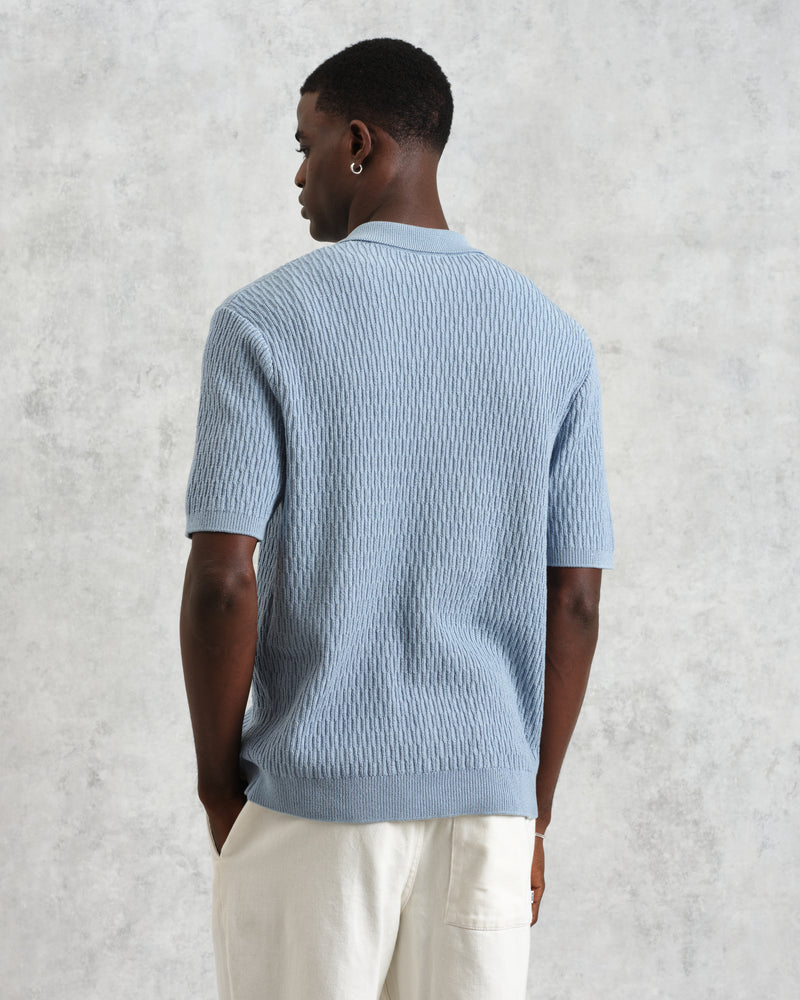 wax london men's Tellaro - Blue Honeycomb Knitted Cotton Polo Shirt