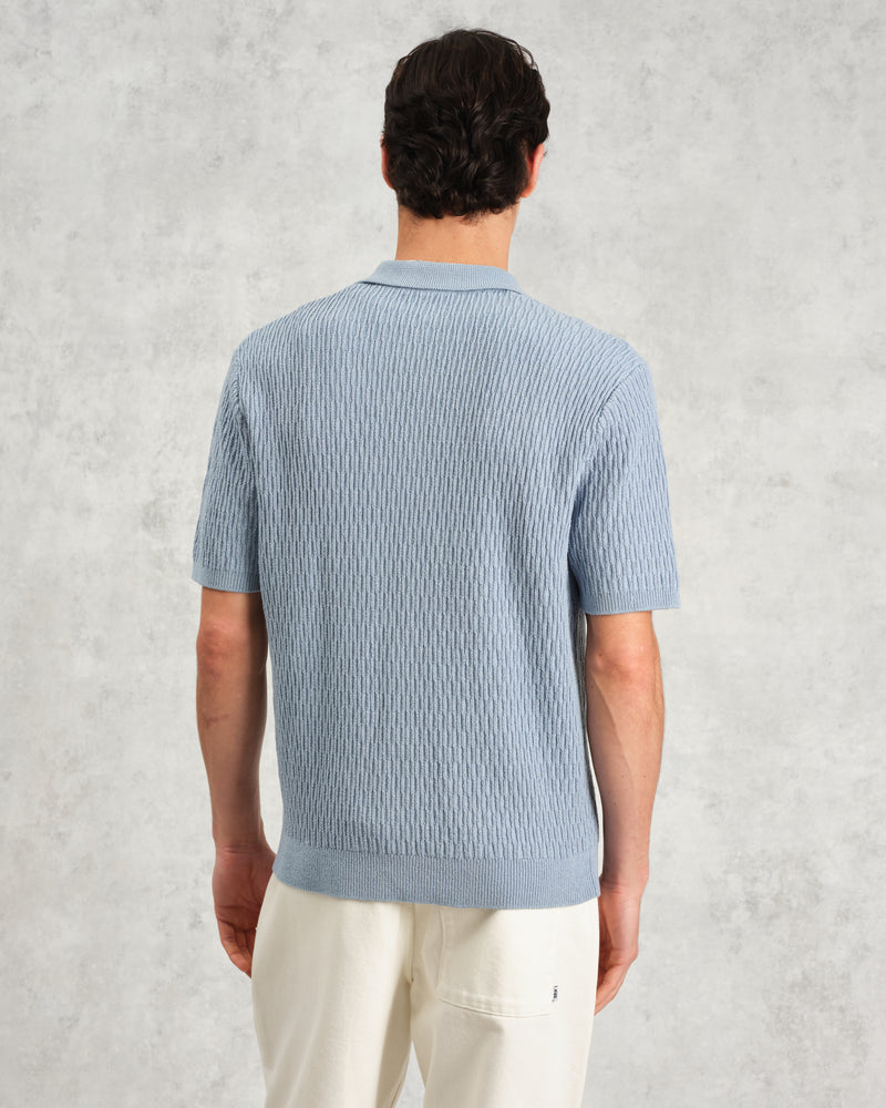 wax london Tellaro - Blue Honeycomb Knitted Cotton Polo Shirt