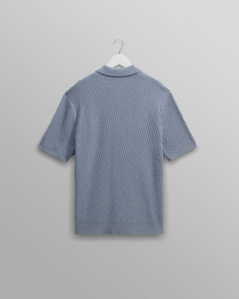 wax london Tellaro - Blue Honeycomb Knitted Cotton Polo Shirt