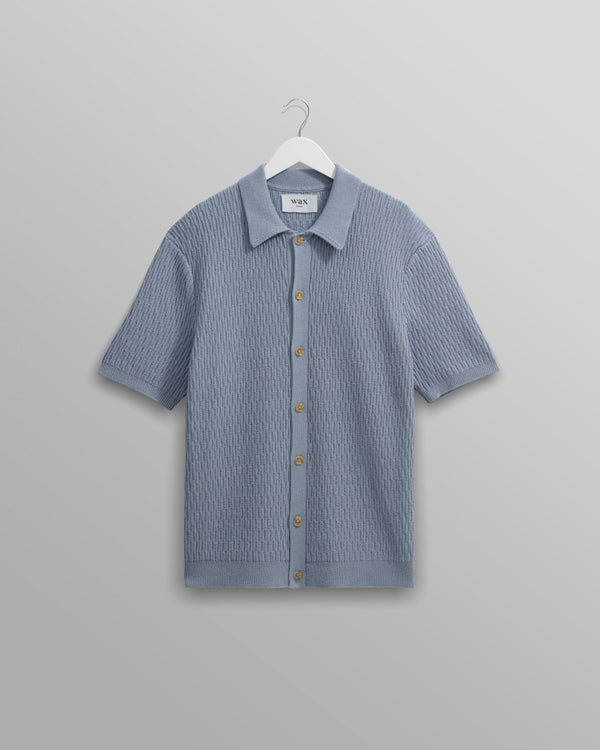 wax london Tellaro - Blue Honeycomb Knitted Cotton Polo Shirt