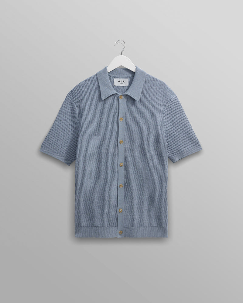 wax london Tellaro - Blue Honeycomb Knitted Cotton Polo Shirt