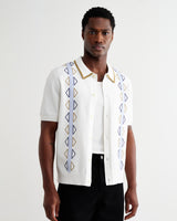 wax london men's Tellaro - Ecru And Blue Retro Embroidered Shirt