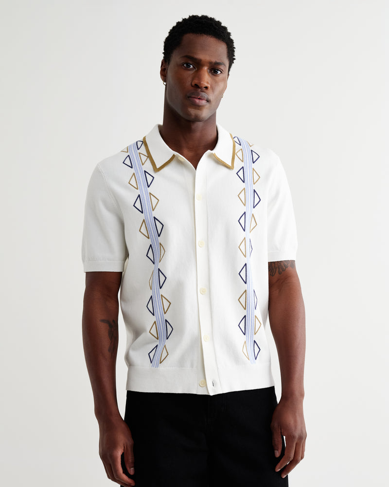 Men's Ecru And Blue Retro Embroidered Shirt | Wax London