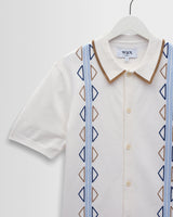 wax london men's Tellaro - Ecru And Blue Retro Embroidered Shirt