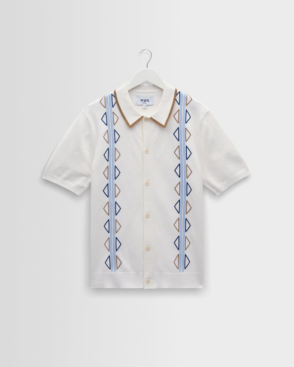 wax london men's Tellaro - Ecru And Blue Retro Embroidered Shirt