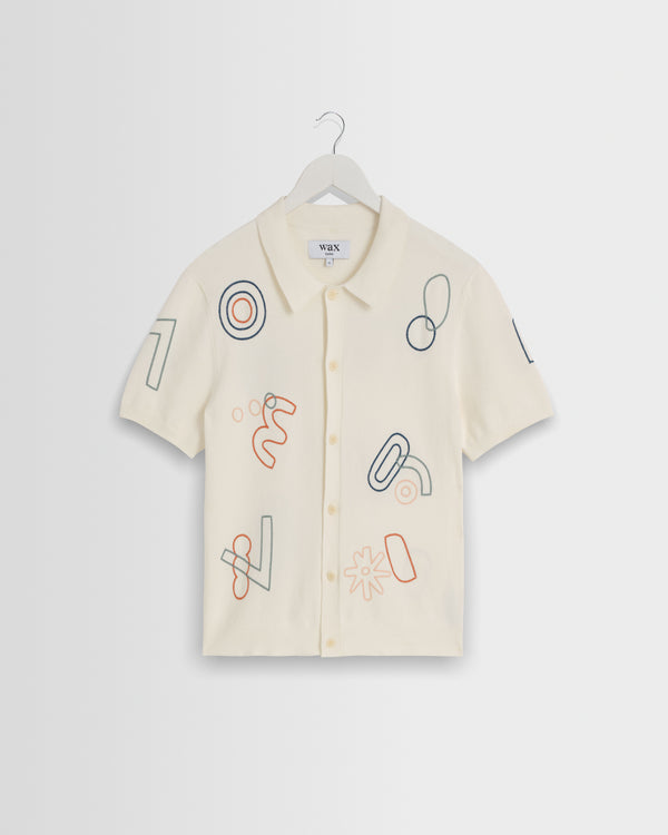 wax london men's Tellaro - Ecru And Multicolour Shapes Embroidered Shirt