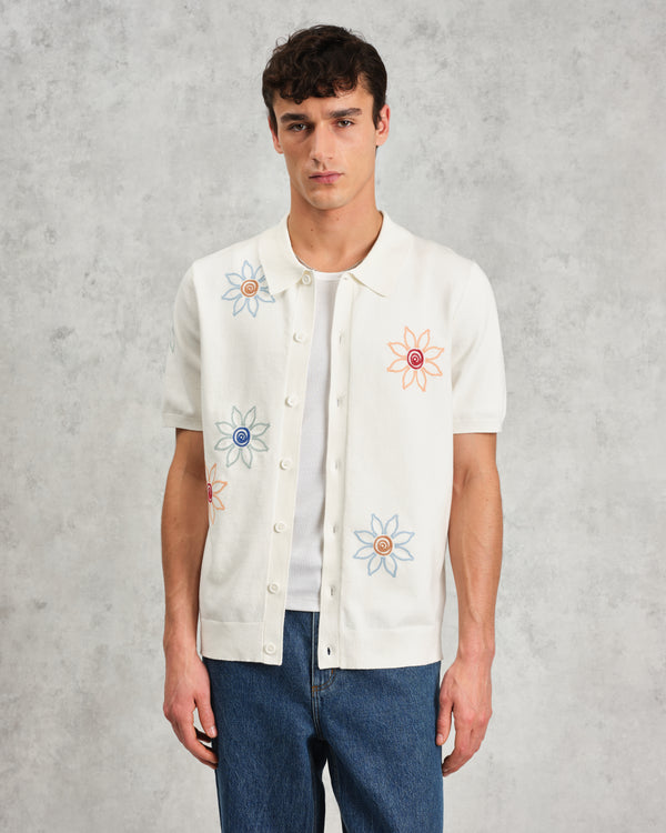 wax london Tellaro - Ecru Embroidered Knitted Cotton Polo Shirt