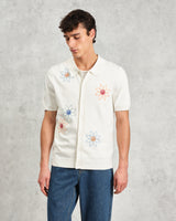 wax london Tellaro - Ecru Embroidered Knitted Cotton Polo Shirt