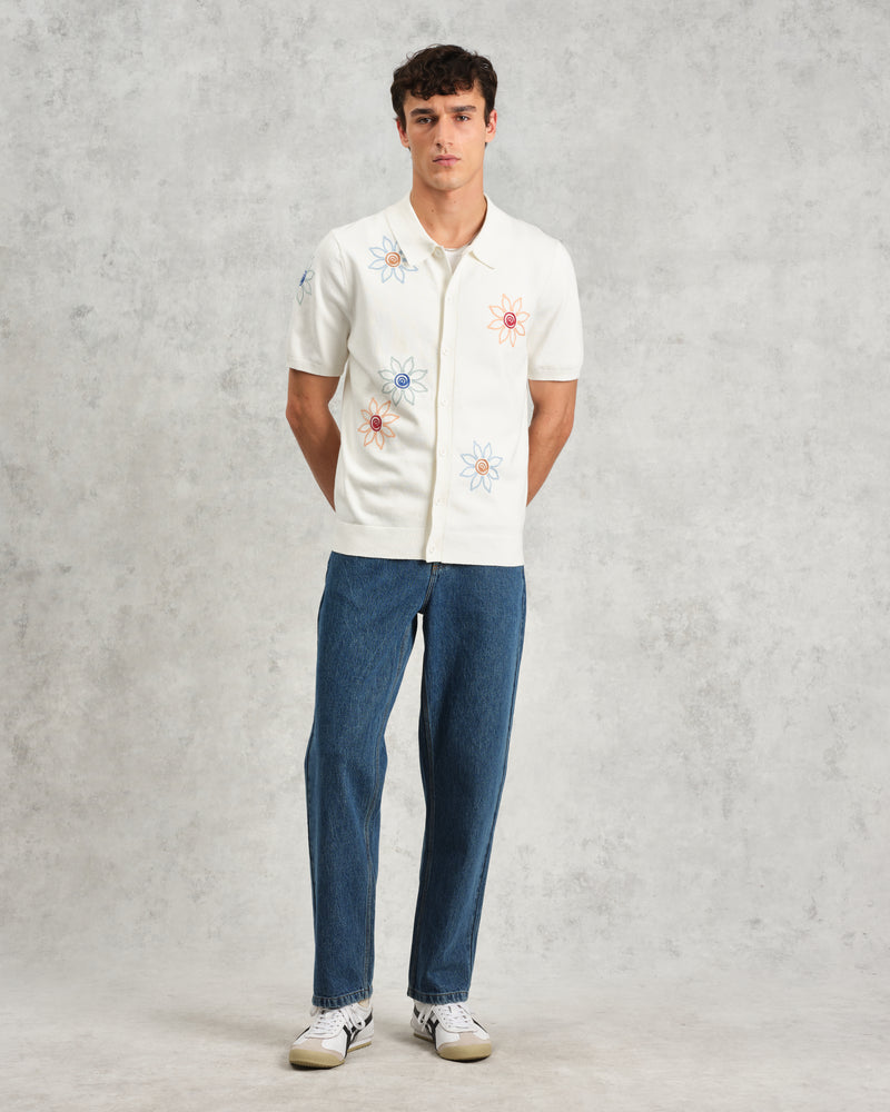 wax london Tellaro - Ecru Embroidered Knitted Cotton Polo Shirt