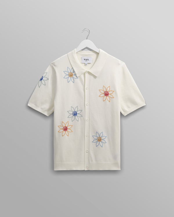 wax london Tellaro - Ecru Embroidered Knitted Cotton Polo Shirt