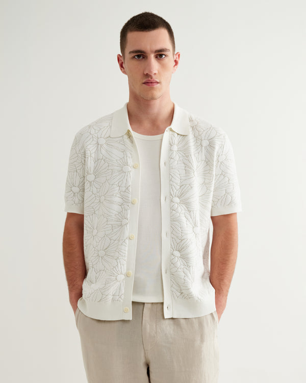 wax london men's Tellaro - Ecru Flower Jacquard Shirt