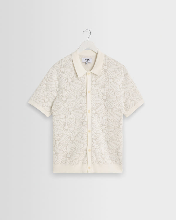 wax london men's Tellaro - Ecru Flower Jacquard Shirt